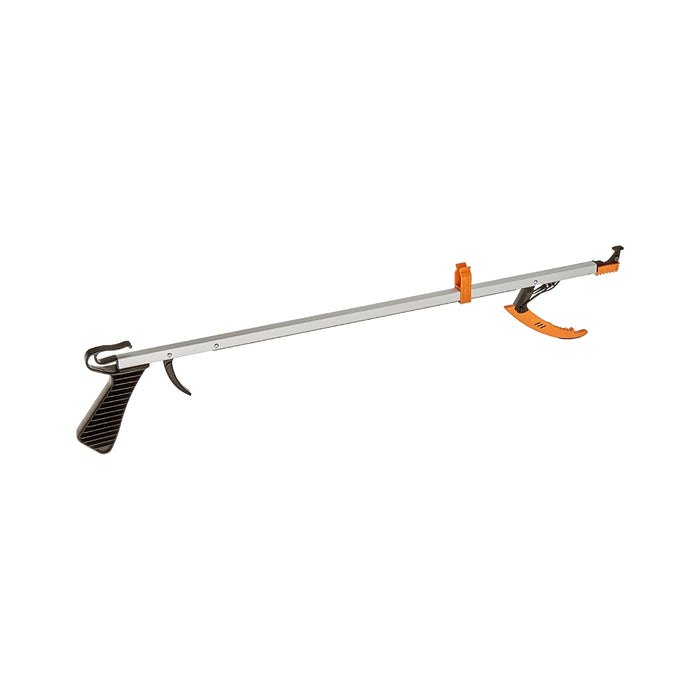 Grabber/reacher with a long handle and orange accents on a white background