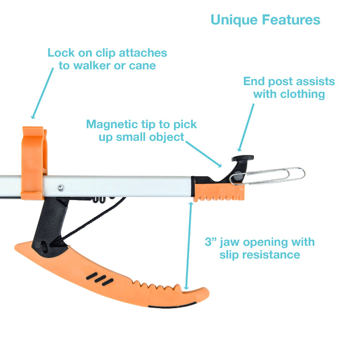 An orange and black magnetic pick-up tool with callout labels explaining its unique features, including attaching to a walker or cane, picking up small objects, assisting with clothing, and slip-resistant jaw opening.