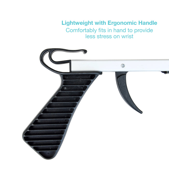 A black and silver grabber/reacher with an ergonomic handle, shown on a white background with light blue text that reads 'Lightweight with Ergonomic Handle' and 'Comfortably fits in hand to provide less stress on wrist'.