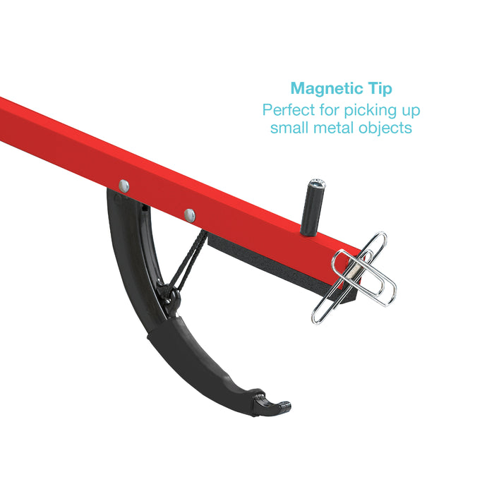 A close-up of a red and black magnetic pick tool with a metal clip attached, shown on a white background with the text 'Magnetic Tip Perfect for picking up small metal objects'.