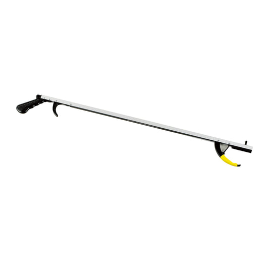 A long-handled reacher/grabber with a silver metal shaft, black handle and trigger mechanism, and a small yellow accent on the tip, shown against a plain white background.