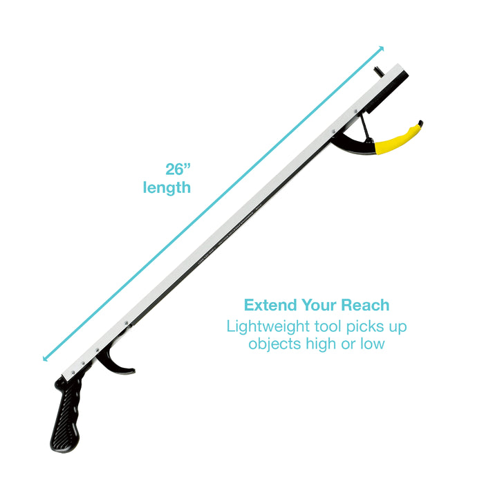 A long white and black reach tool with a yellow curved tip, shown on a white background with cyan measurement text reading 26" length and descriptive marketing text about extended reach.
