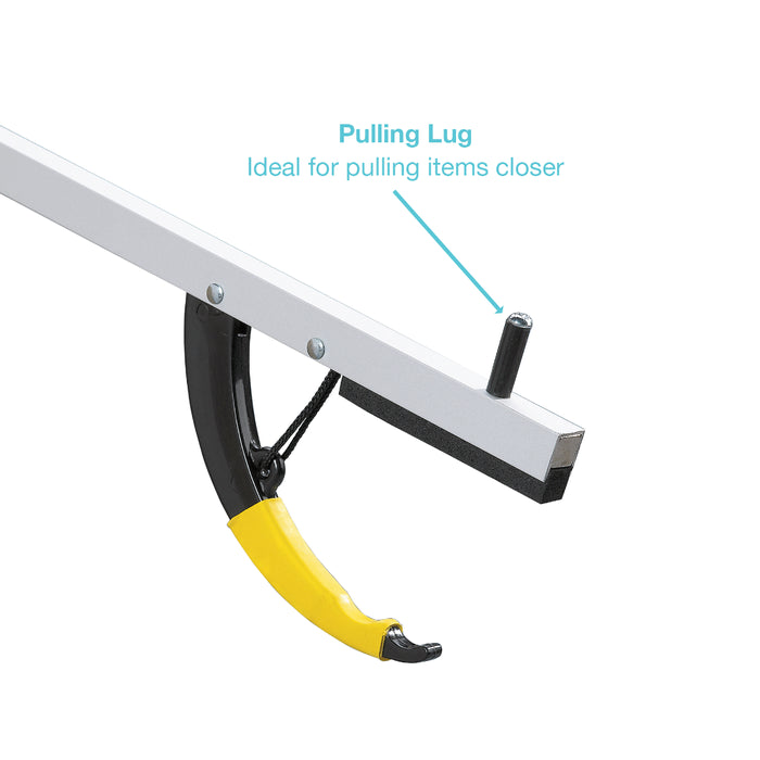 A close-up of a metal pulling lug attachment with a yellow and black handle, shown on a white background with text reading 'Pulling Lug' and 'Ideal for pulling items closer'.