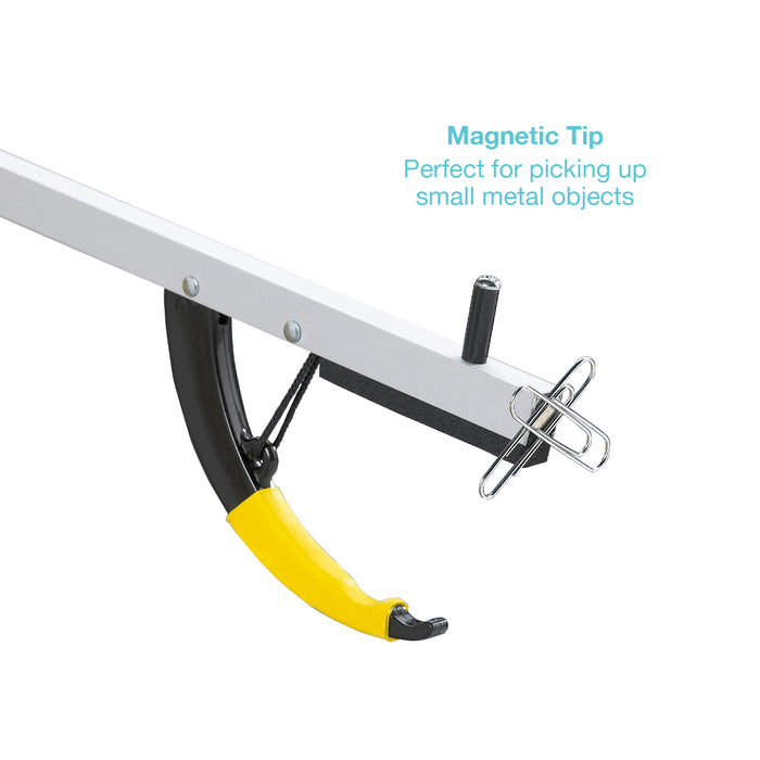 A close-up of a metal tool arm with a black and yellow curved magnetic gripper and a metal clip, shown on a white background with the text 'Magnetic Tip Perfect for picking up small metal objects'.