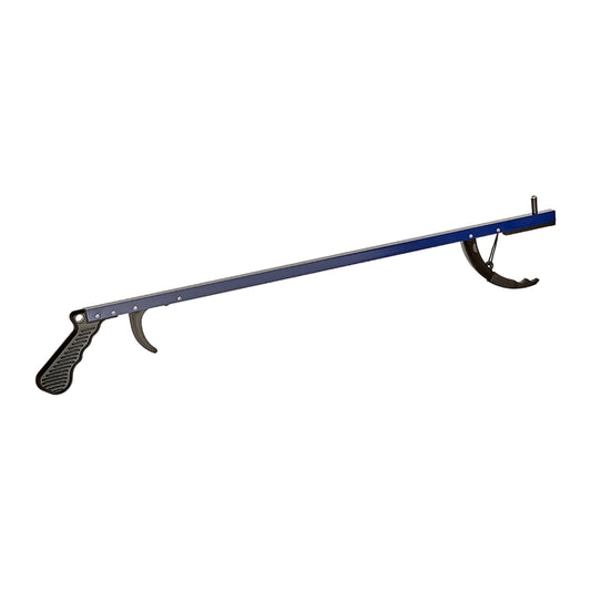 A long blue reacher/grabber with black textured grip and curved support feet, shown on a plain white background.