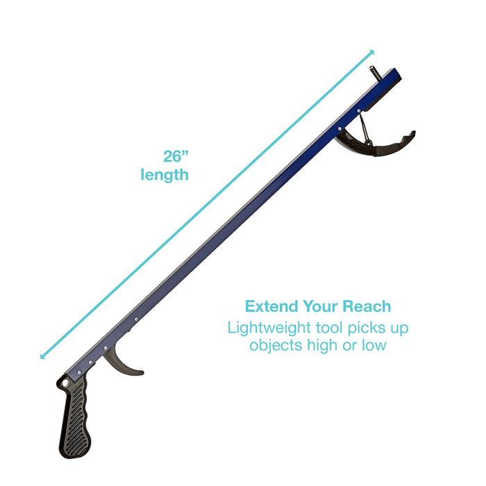 A blue and black long-handled tool shown on a white background with cyan measurement lines and text indicating 26-inch length and extended reach.