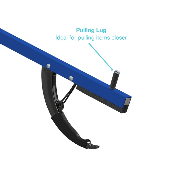 A close-up product detail of a blue and black metal bar with a cylindrical pull tab labeled 'Pulling Lug' and supporting text that says 'Ideal for pulling items closer,' on a white background.
