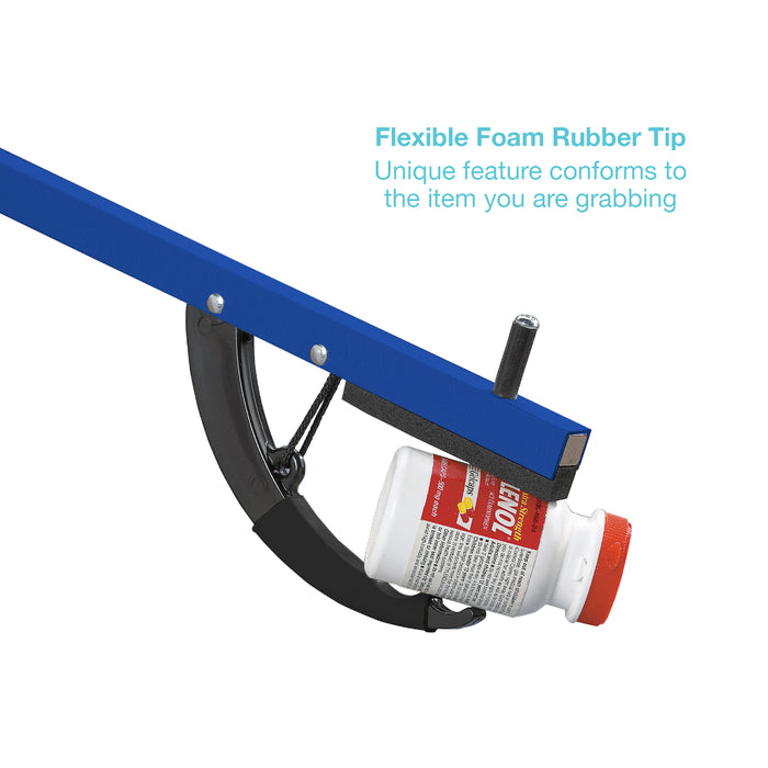 A blue and black grabber tool holding a white bottle with a red cap, with text reading 'Flexible Foam Rubber Tip' on a white background.