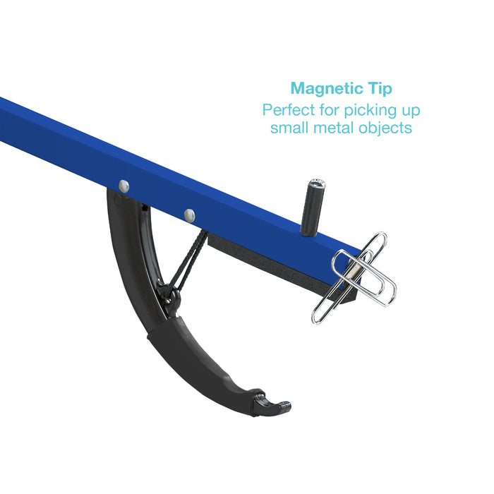A close-up of a blue and black magnetic pick arm with a silver metal clip, shown on a white background with the text 'Magnetic Tip Perfect for picking up small metal objects'.