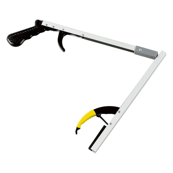 A long-handled grabber tool with a white metal arm, black textured handle grip, and yellow-and-black jaw component, shown on a plain white background.