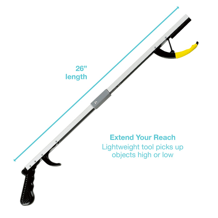 A reacher tool with a long white shaft, black handle and tip, and a yellow curved arm, shown on a white background with cyan measurement and feature text overlays.