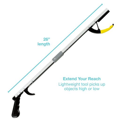 A reacher tool with a long white shaft, black handle and tip, and a yellow curved arm, shown on a white background with cyan measurement and feature text overlays.