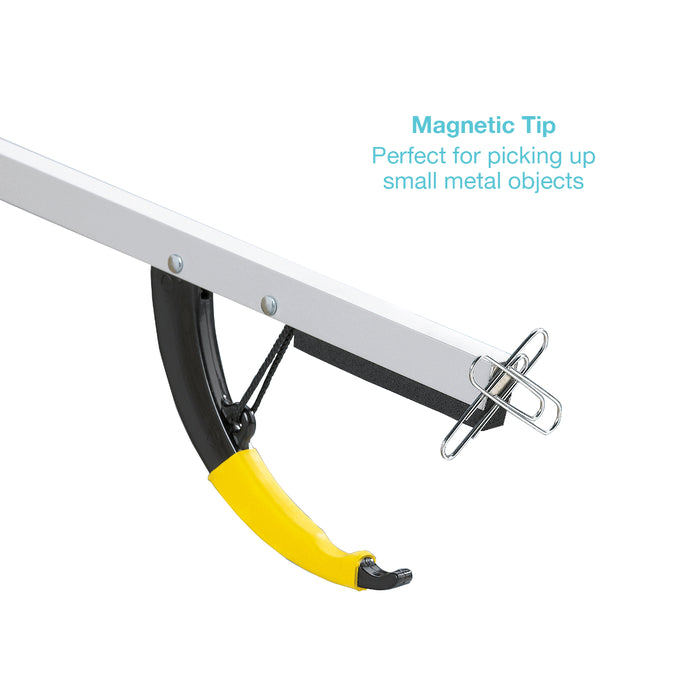 Close-up of a magnetic pick tool with a yellow and black curved tip, a silver metal arm, and a small paperclip held by the magnetic end, on a white background with blue text reading 'Magnetic Tip Perfect for picking up small metal objects'.