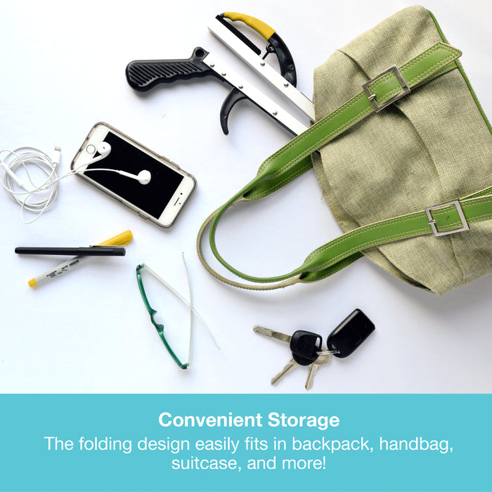 A light olive green fabric tote bag with green straps and silver buckles, shown in a flat-lay arrangement with various everyday items like a smartphone, earbuds, pen, keys, and glasses on a white background. A teal banner at the bottom contains text that reads 'Convenient Storage The folding design easily fits in backpack, handbag, suitcase, and more!'.