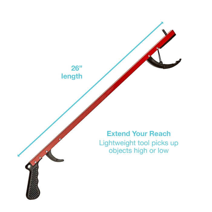 A red and black reach tool with blue dimension lines and text showing a 26-inch length and extended reach, on a white background.