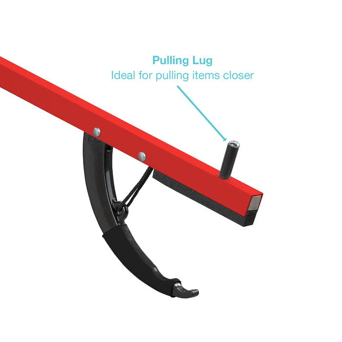 A close-up product diagram of a red and black metal reacher/grabber, highlighting a black pulling lug with a teal text label that reads 'Pulling Lug' and 'Ideal for pulling items closer'.