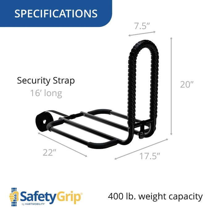 Security strap with dimensions and weight capacity details on a white background