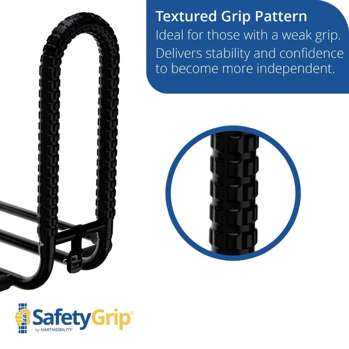 Textured grip pattern on a product with SafetyGrip branding and text about its benefits.