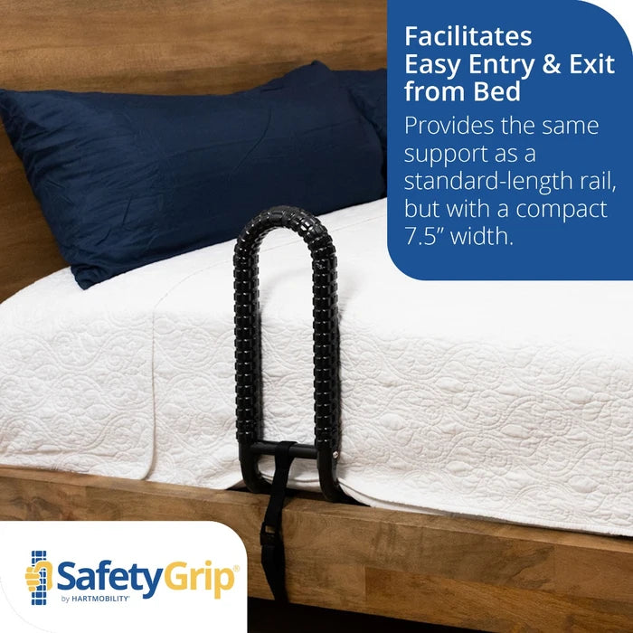 Bed safety rail with text on ease of use and product features, branded as SafetyGrip.