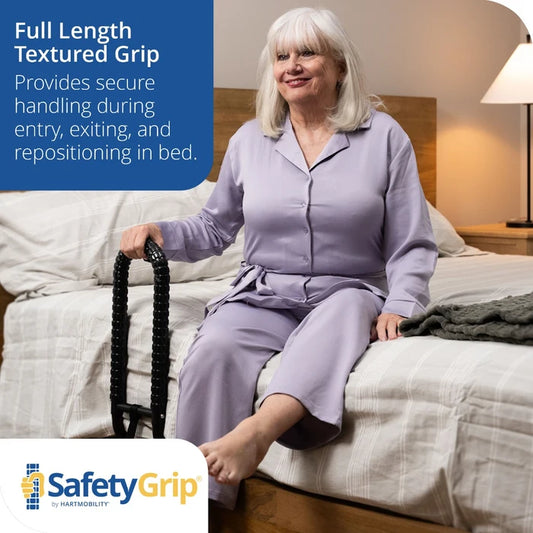 Woman sitting on a bed using a SafetyGrip product with text about its features.