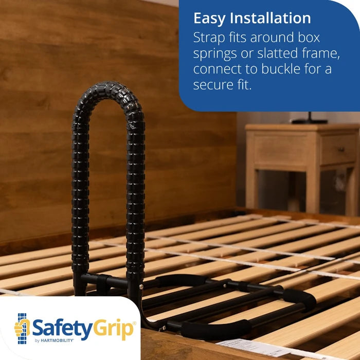 SafetyGrip strap around a wooden bed frame with text on easy installation.