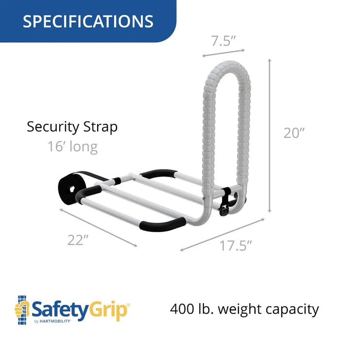 Security strap with dimensions and weight capacity details on a white background, featuring the SafetyGrip brand.