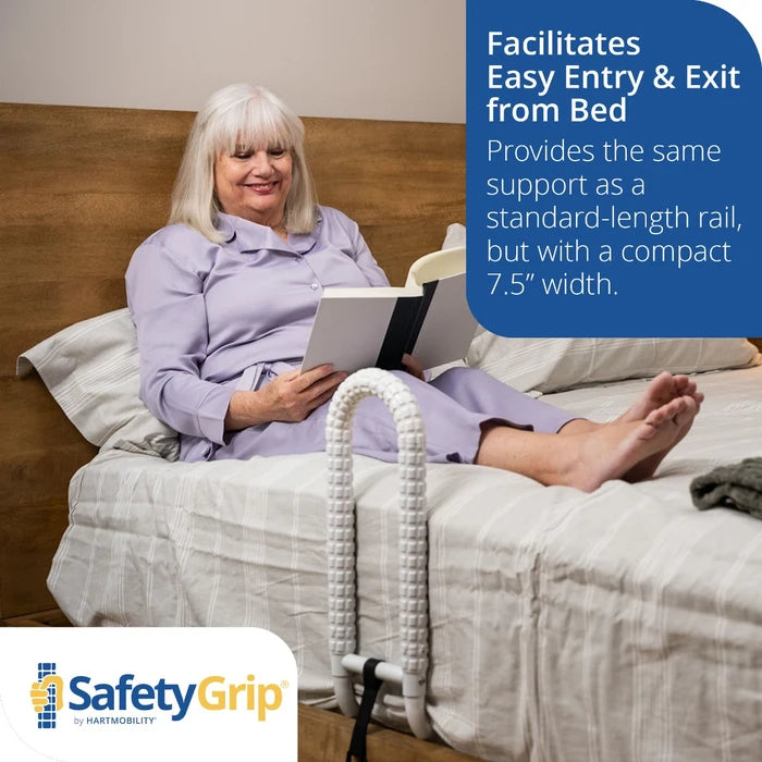 Woman in bed using a SafetyGrip product with text about its benefits.