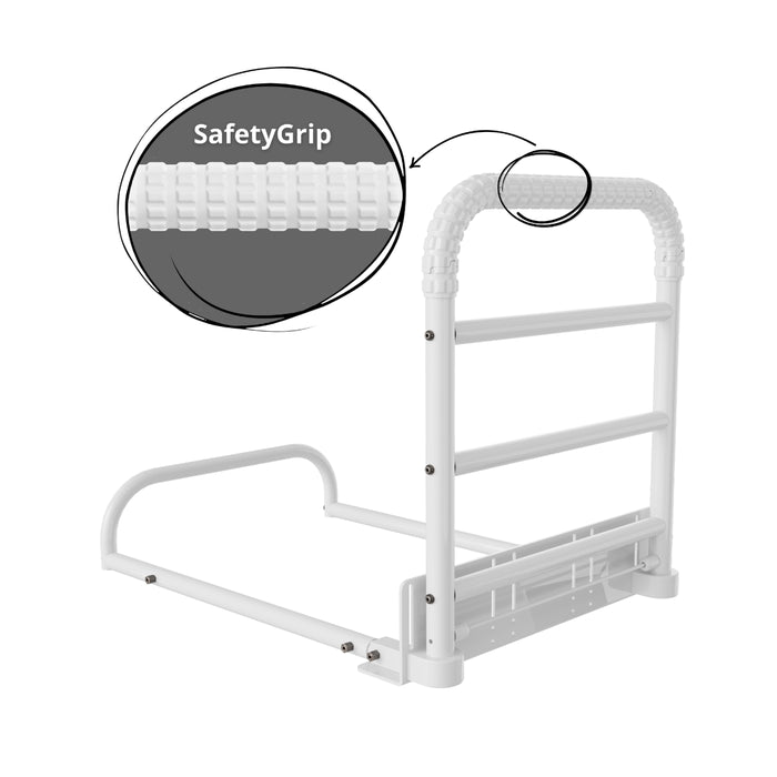 White bedside hand rail with SafetyGrip feature on a white background