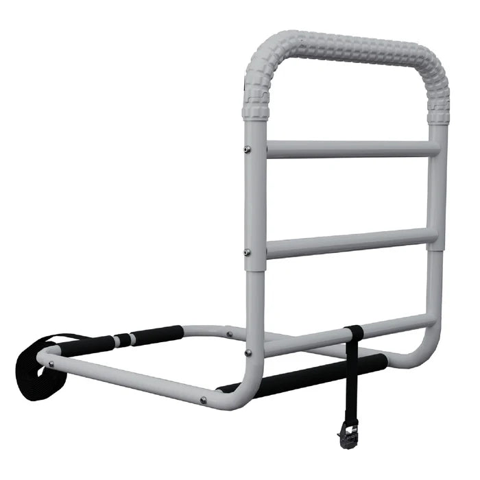 White handrail with black straps on a white background