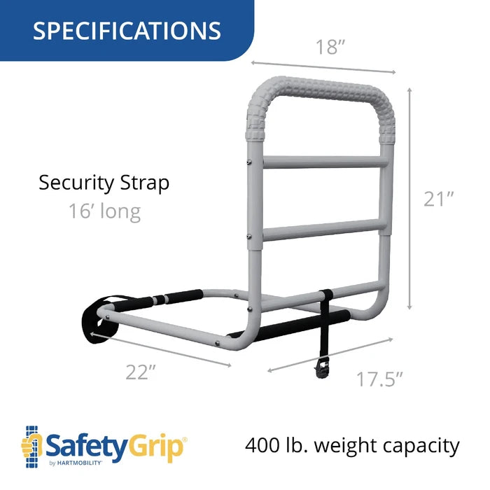 White bed rail with dimensions and weight capacity details, featuring the SafetyGrip brand.