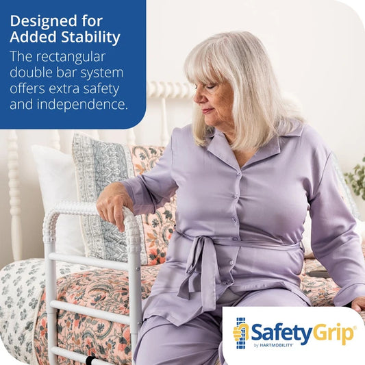 Woman using a SafetyGrip product for added stability, with text about its benefits.