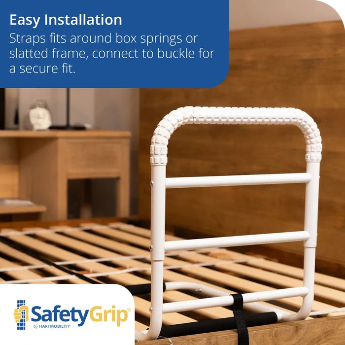 SafetyGrip bed rail system on a wooden bed frame with text about easy installation.