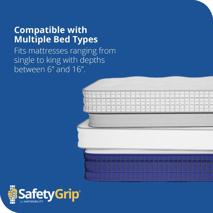 Stack of mattresses with text about compatibility on a blue background, featuring the SafetyGrip logo.