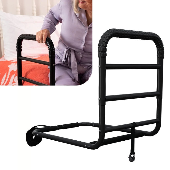 Black safety rails on white background showing woman using it