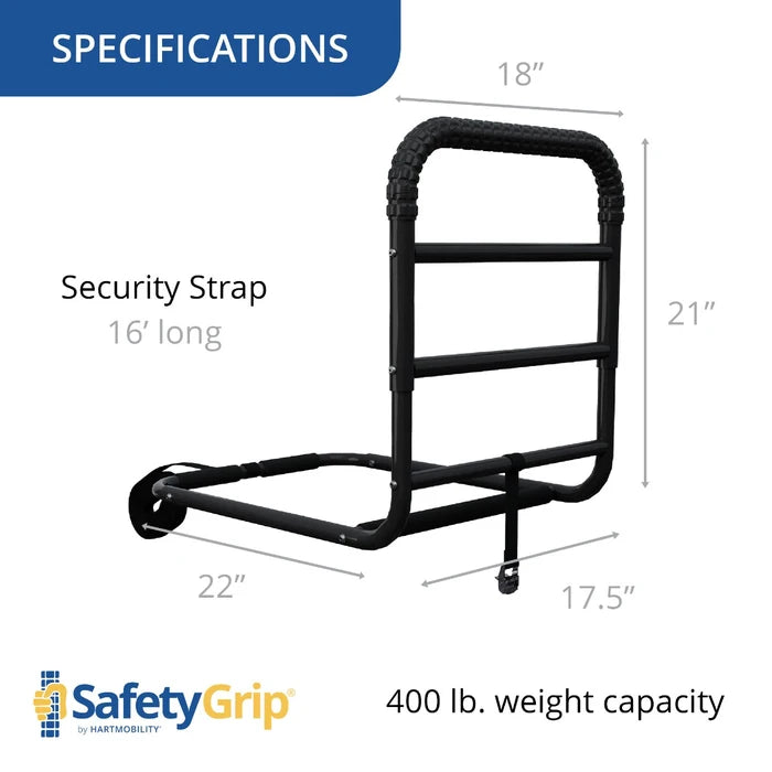 black safety rail with showing safetygrip information on white background