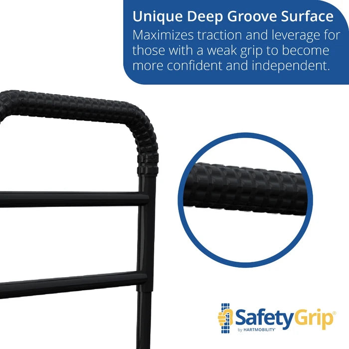 black safety rail showing grooved surface with safetygrip branding