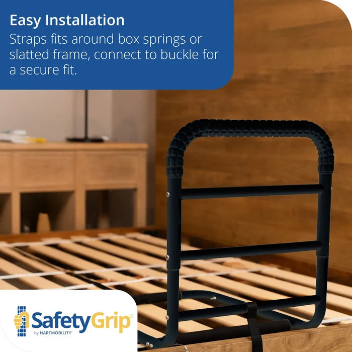 Black safety rail with text and safetygrip branding