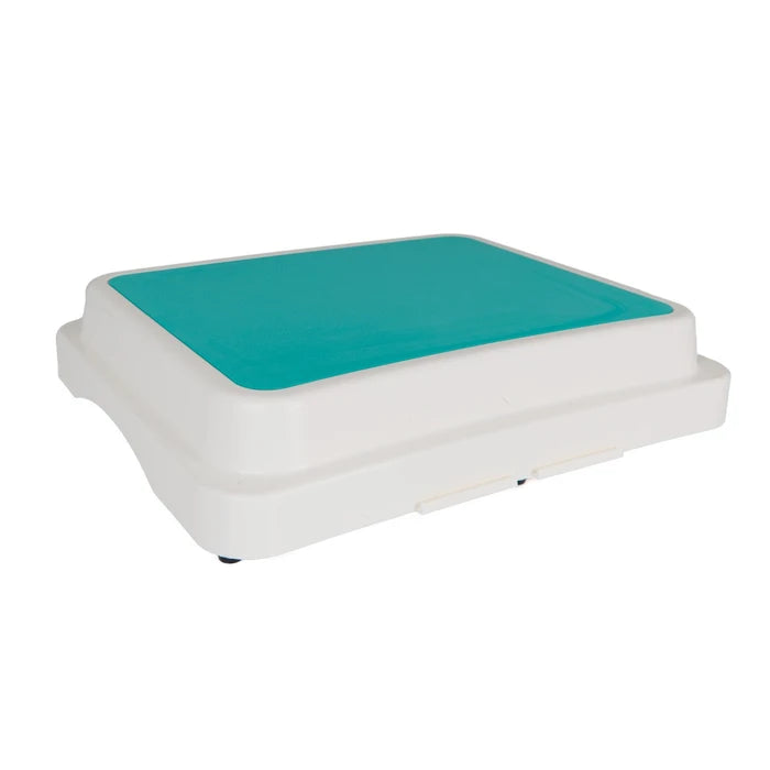 Rectangular platform with teal top and white base on a white background