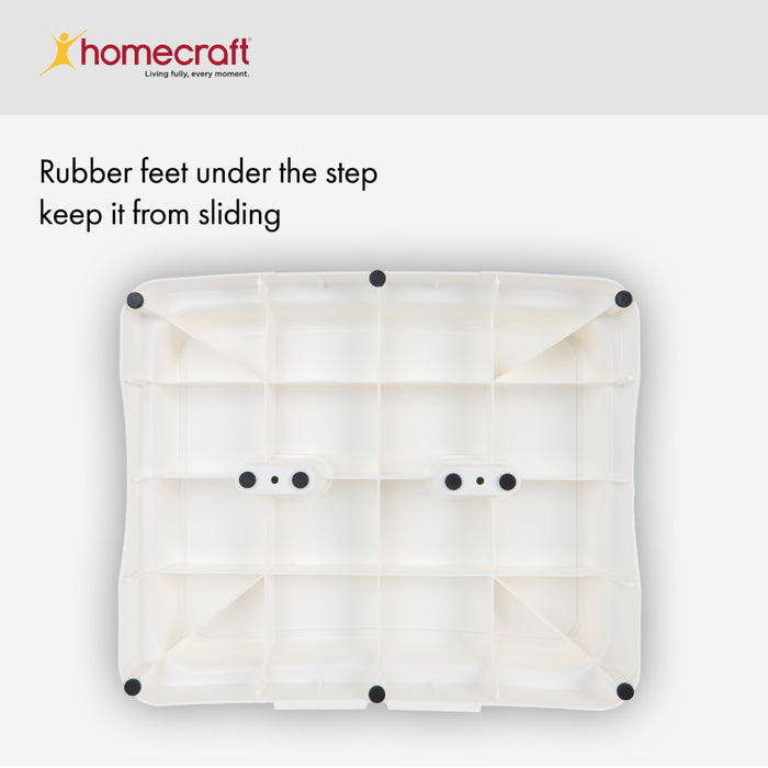 White underside of platform with rubber feet on a light gray background, featuring the Homecraft brand.