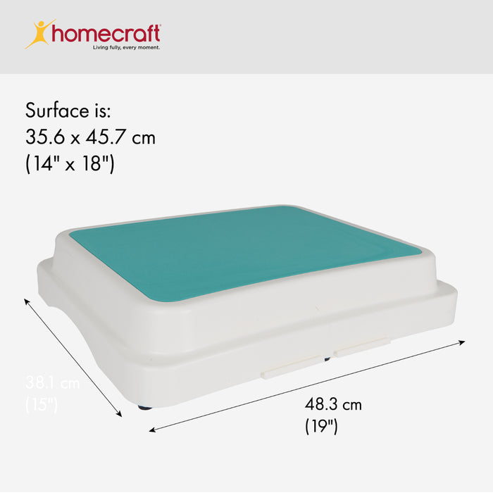Step stool with teal top and white base, dimensions labeled, Homecraft brand visible