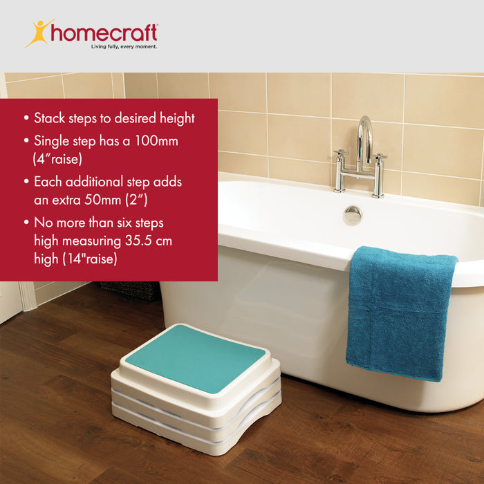 Step stool next to a bathtub with Homecraft branding and product features.