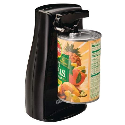 Black can opener with a can of fruit cocktail on a white background