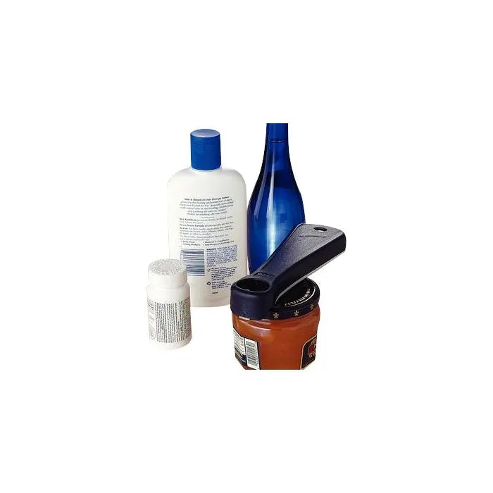 Collection of products including a bottle, jar, small containers, and a jar opener on a white background