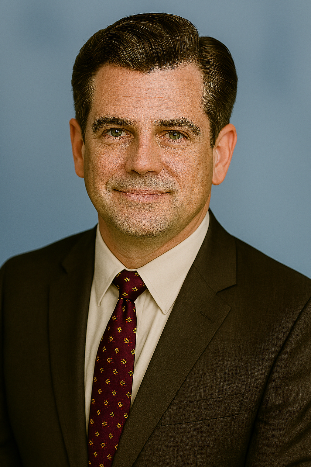 Man wearing a dark suit with a red tie against a blue background