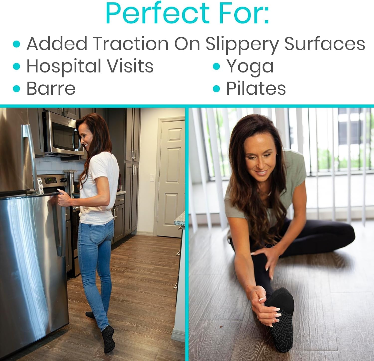 Woman walking in a kitchen and stretching on a wooden floor with text about product uses.