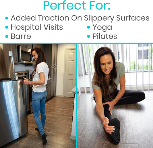 Woman walking in a kitchen and stretching on a wooden floor with text about product uses.