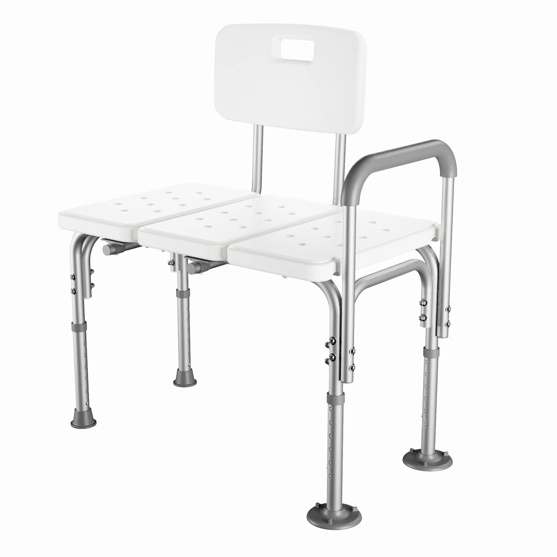 White shower chair with metal frame on a white background

