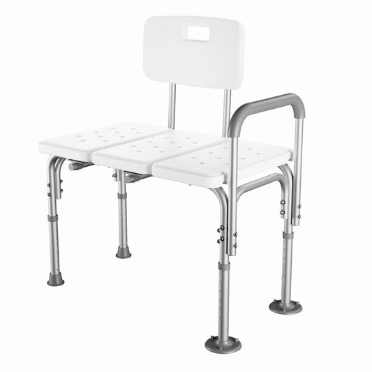 White shower chair with metal frame on a white background

