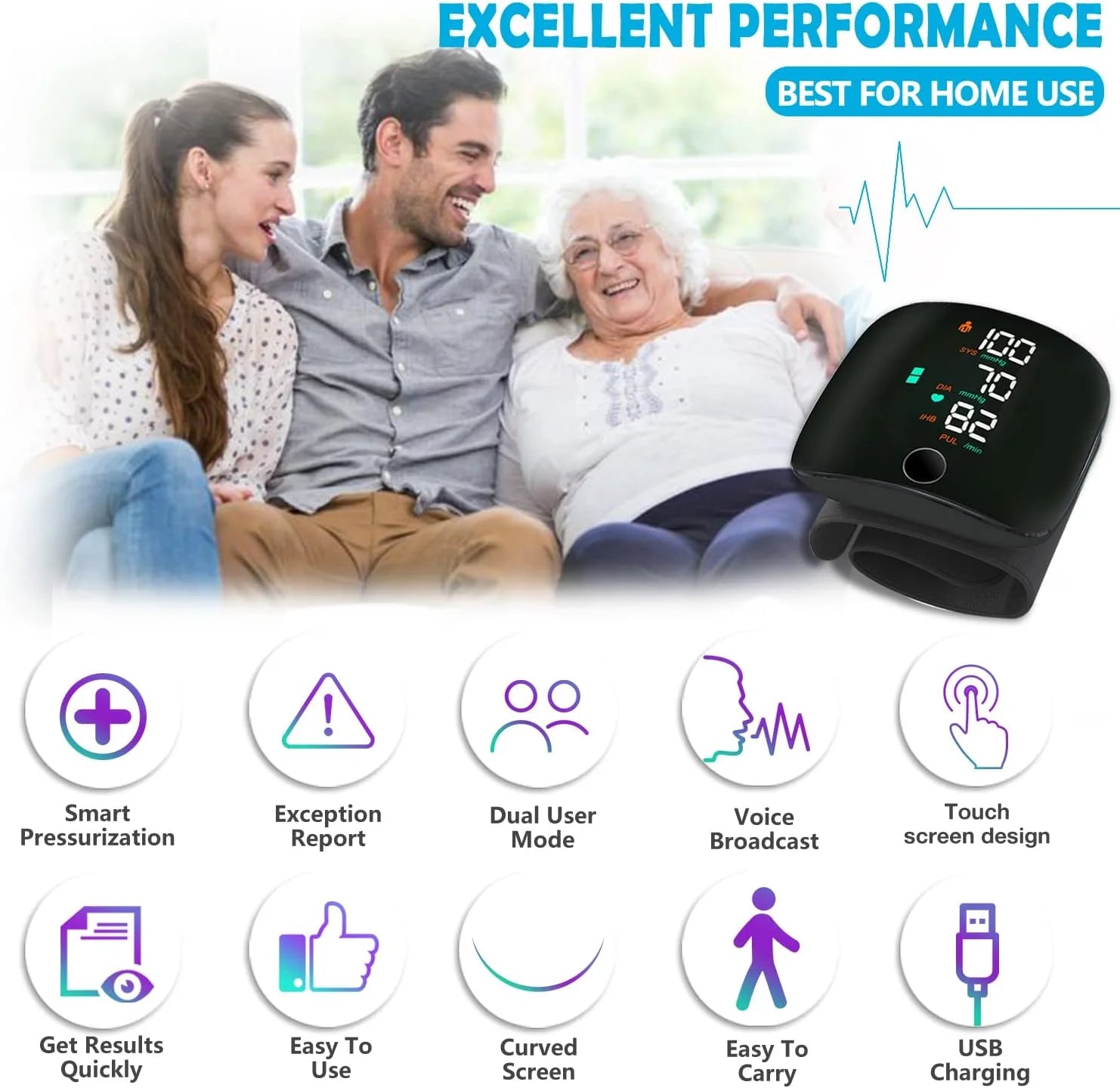 Blood pressure monitor with family background and feature icons

