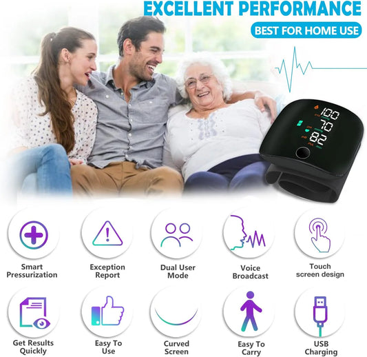 Blood pressure monitor with family background and feature icons

